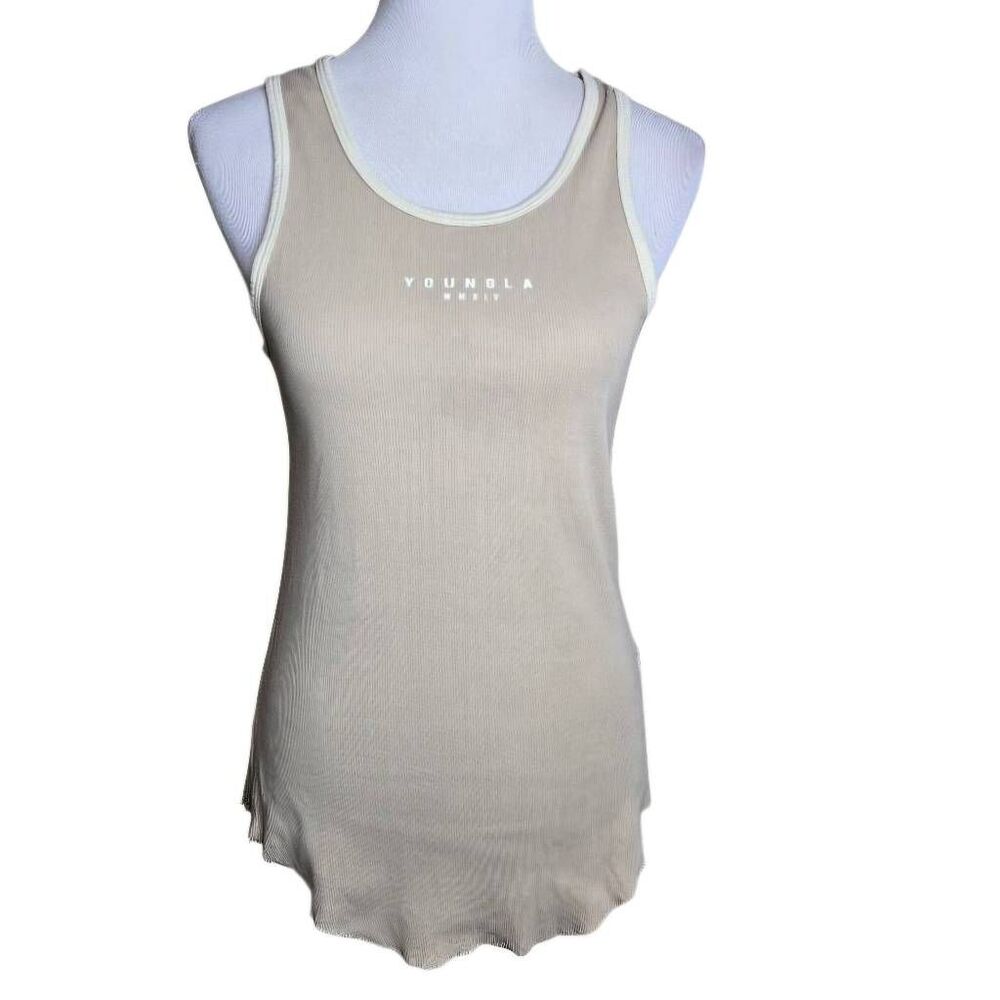 YoungLA Ribbed Tank Top Beige Rocket Graphic Distressed Gym Training Small